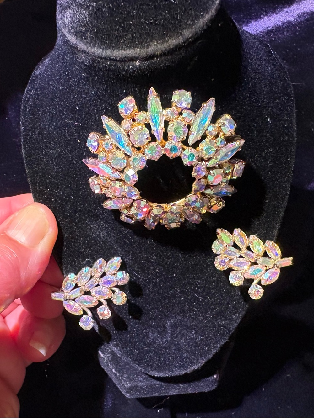 Sherman iridescent Crystal Wreath Brooch and Earrings Set